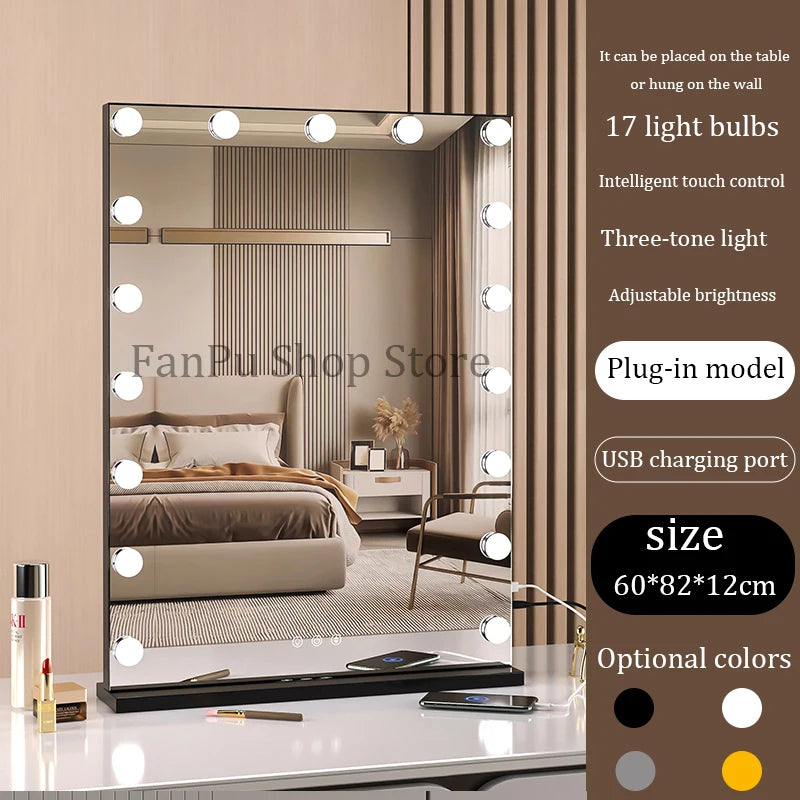 Vanity Mirror with Lights Hollywood Lighted Makeup Mirror，Dimmable 3 Lighting Modes, Plug-in and USB Charger Port，Wall-mounted