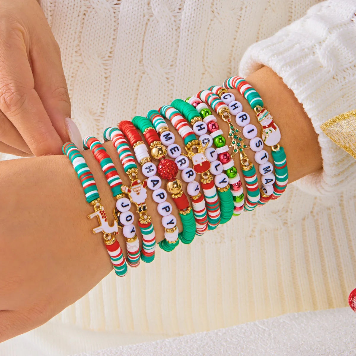 12Pcs/Set Christmas Bracelet Set Santa Claus Wreath Reindeer Xmas Tree Soft Clay Beaded Holiday Party Jewelry Gift For Women Men