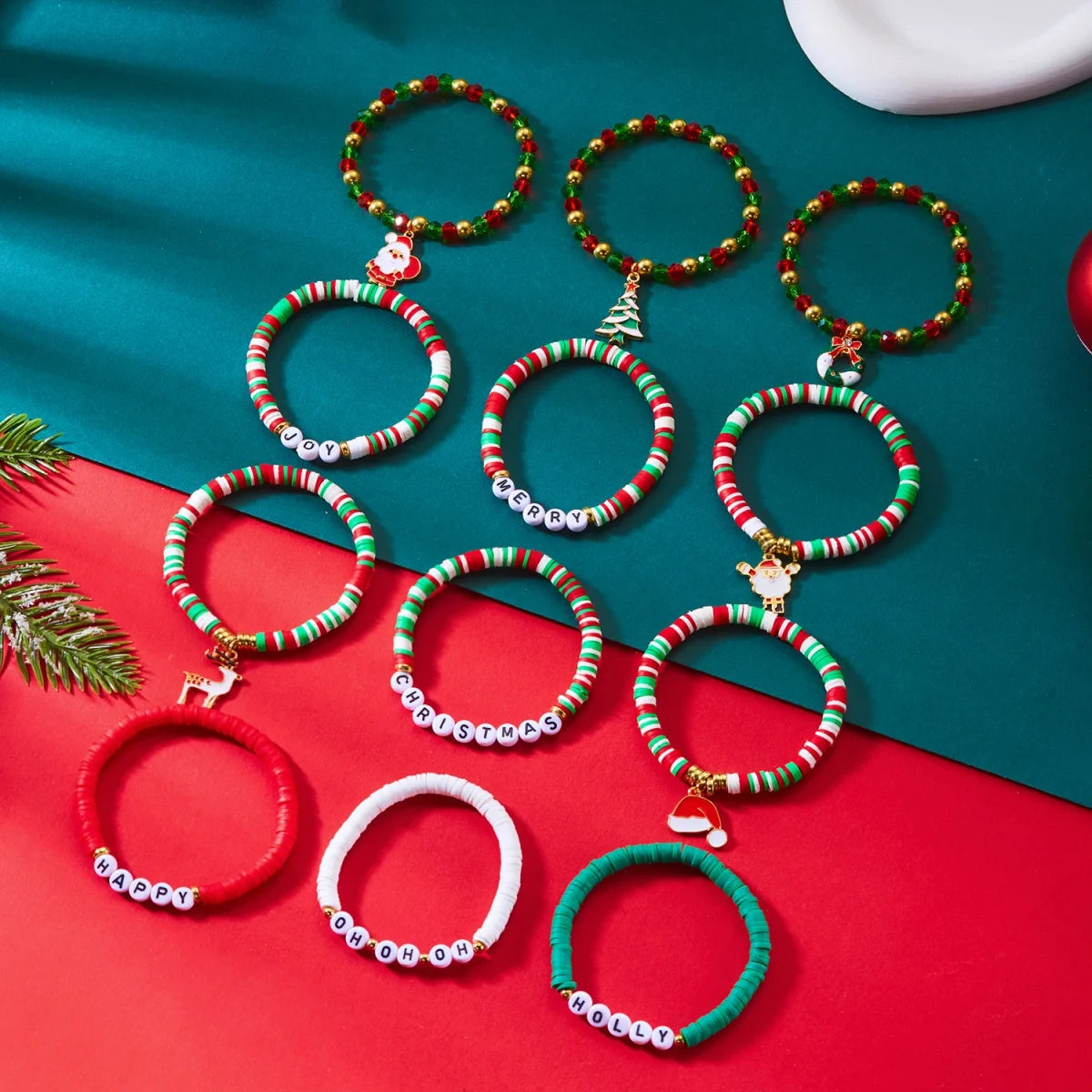 12Pcs/Set Christmas Bracelet Set Santa Claus Wreath Reindeer Xmas Tree Soft Clay Beaded Holiday Party Jewelry Gift For Women Men