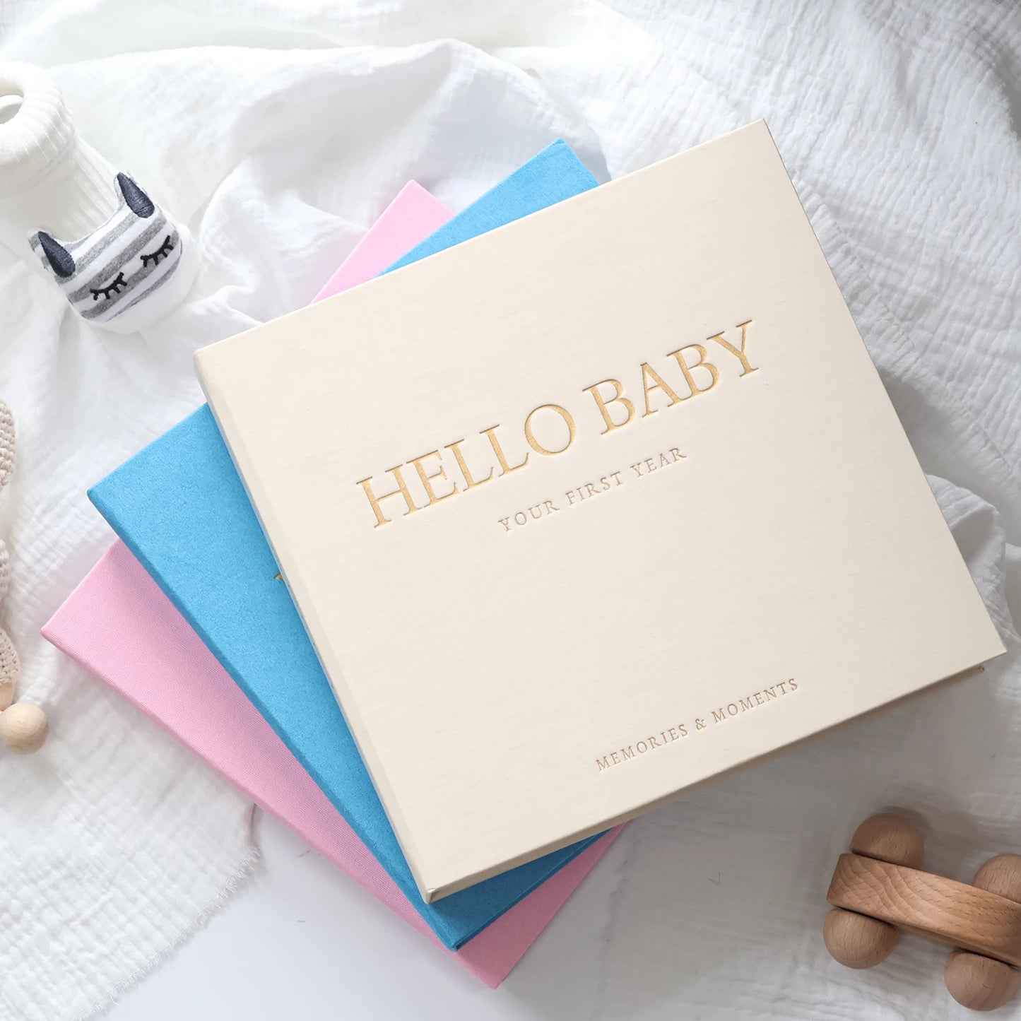 ERATOPIC Linen Fabric Golden Logo Hello Baby Memory Keepsake Book Hidden Spiral Binding Baby Memory Journal For Baby Shower