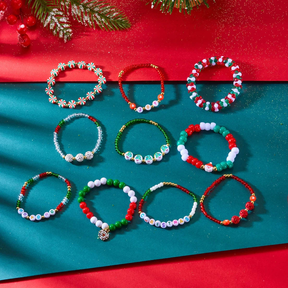 10Pcs/Set Multilayer Christmas Bracelet Snowman Tree Gift Box Snowflake Santa Claus Soft Clay Beads Bangle For Women Men Jewelry