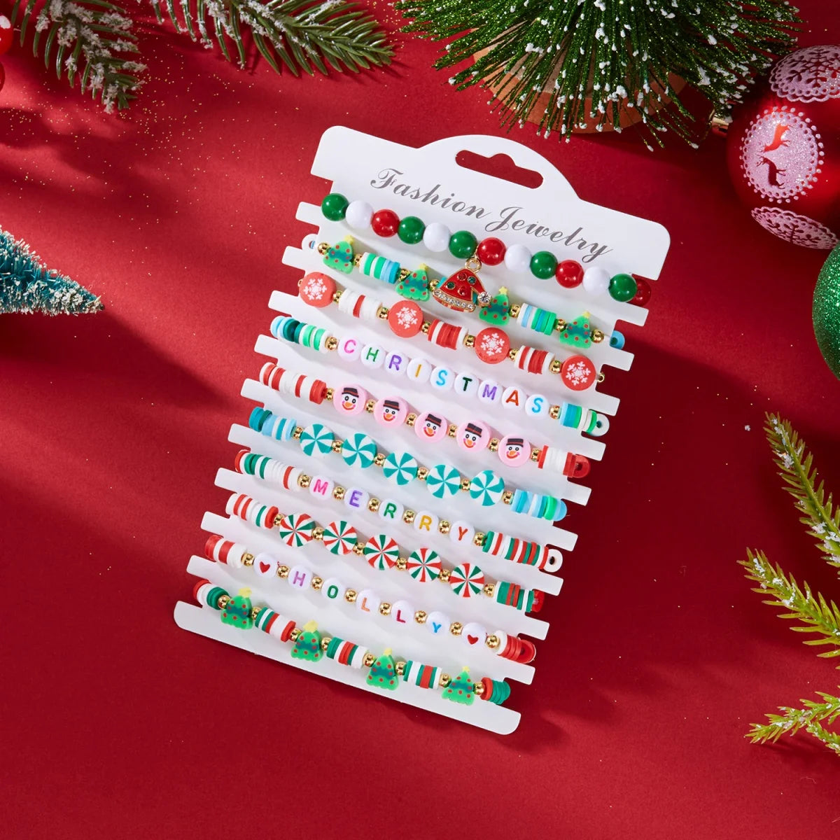 10Pcs/Set Multilayer Christmas Bracelet Snowman Tree Gift Box Snowflake Santa Claus Soft Clay Beads Bangle For Women Men Jewelry