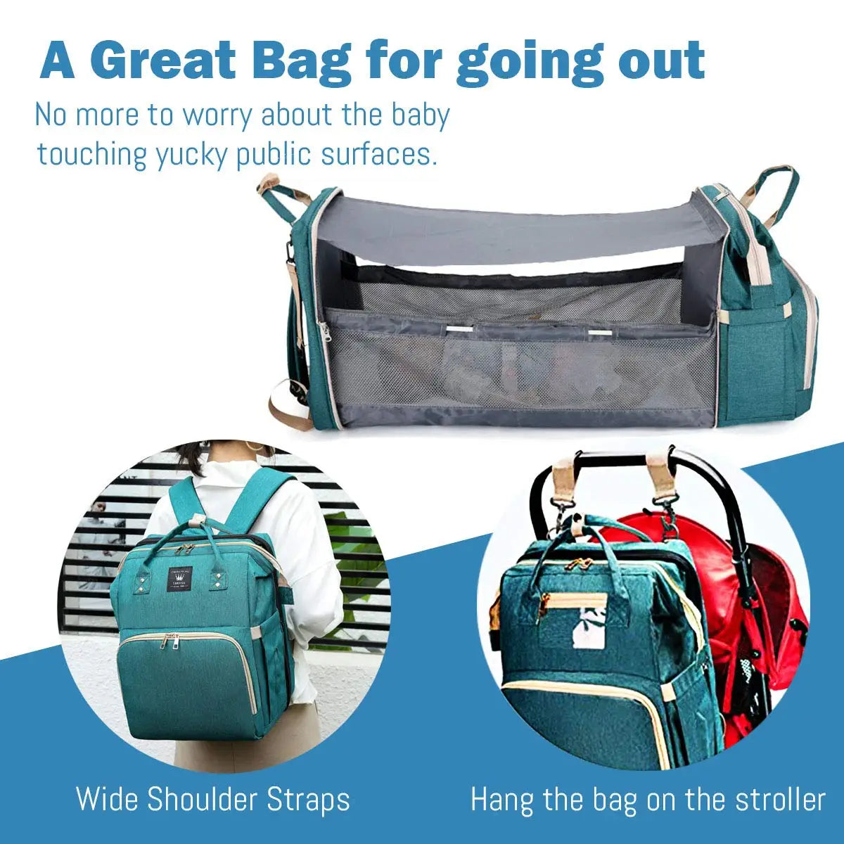 3-in-1 Diaper Bag Backpack – Waterproof Baby Travel Bag with Foldable Baby Bed & USB Charging