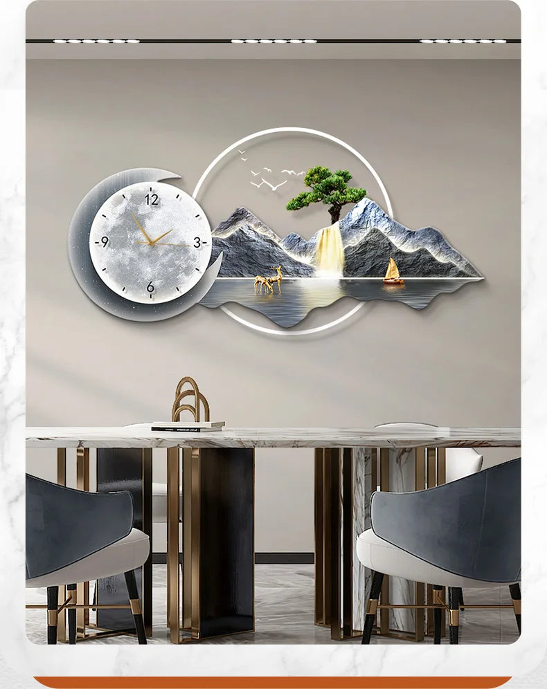 Restaurant Decoration Painting Clock Silent Luxury High Grade Luminous Landscape Mural