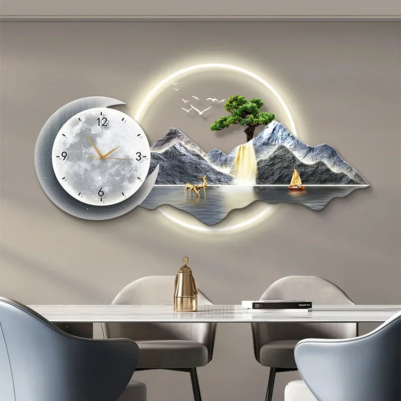 Restaurant Decoration Painting Clock Silent Luxury High Grade Luminous Landscape Mural