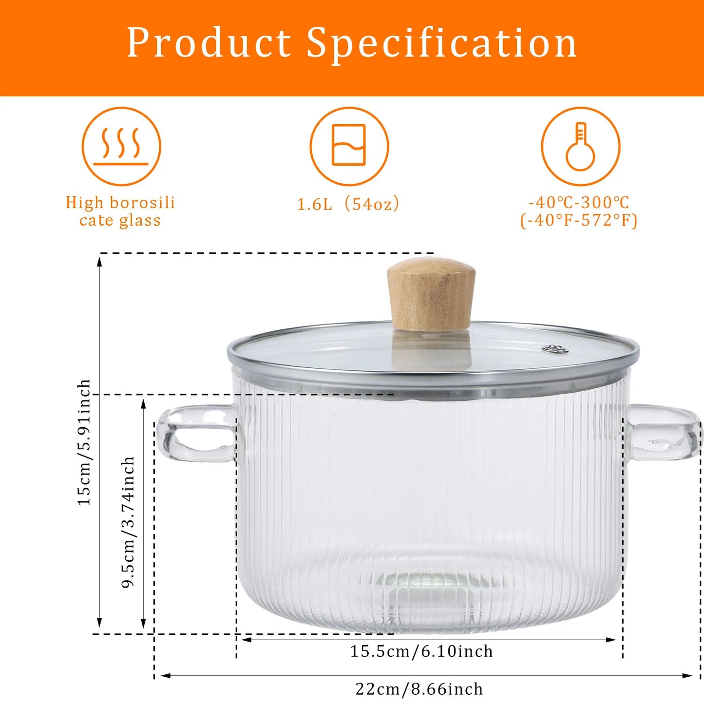 Glass Cooking Pot with Lid – 1.6L Heat-Resistant Borosilicate Glass Saucepan