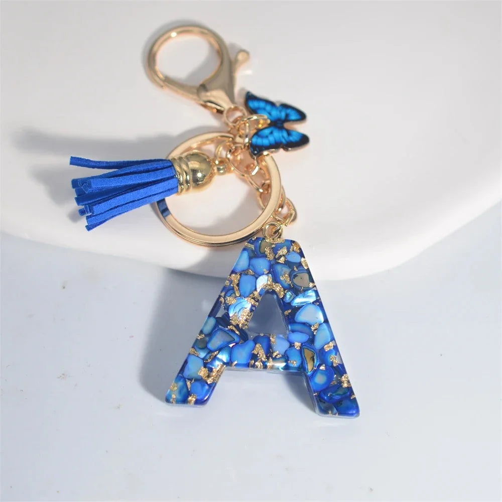 Personalized Glazed Stone Letter Keychain – Elegant A–Z Monogram with Tassel & Butterfly