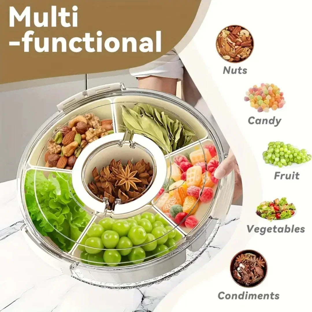 Divided Rotating Serving Tray with Lid and Handle, Portable Snackle Box for Fruits Snacks Veggie Charcuterie, Clear Snack Spinne