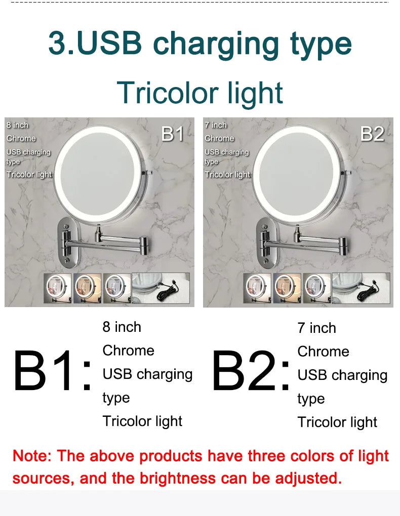 Wall Folding Makeup HD Mirror Double Side Fill Light Magnifying USB Charging Led Tricolor Dimming Bathroom Cosmetic Mirrors