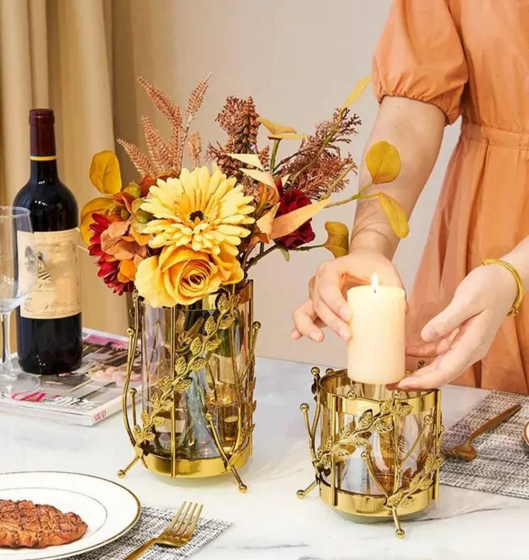 Metal Glassflower Vase Golden Hollow Frame Hydroponic Flower Arrangement Home Decoration Multifunctional Candle Holder