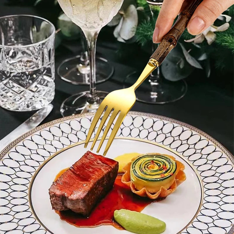Black Nature Bamboo Dinnerware Sets Stainless Steel Upscale Cutlery Fork Spoon Home Kitchen Tableware Gold and Silver
