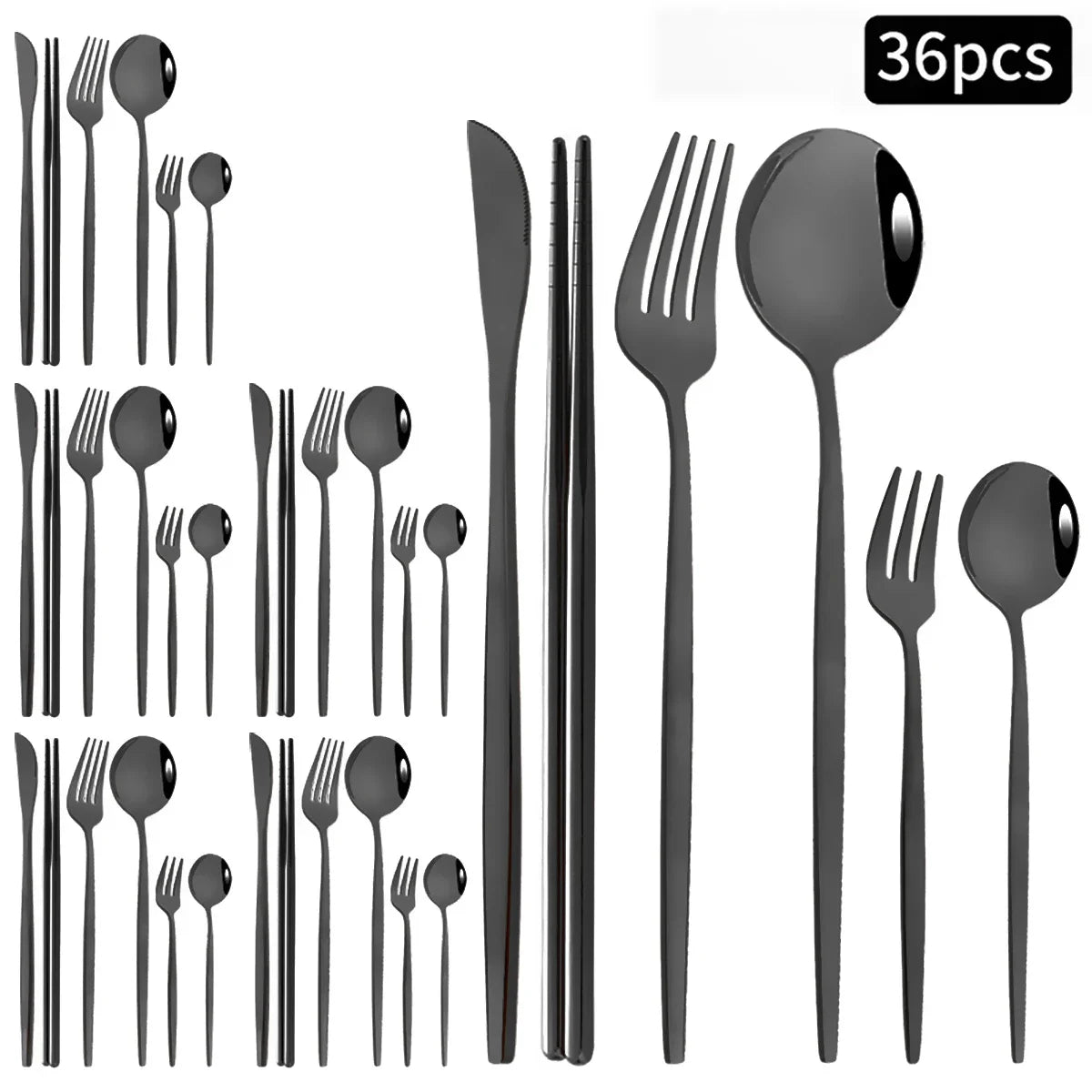 36pcs Black Gold Cutlery Set Knife Fork Spoon Chopsticks Dinnerware Set Stainless Steel Cake Forks Teaspoons Tableware Flatware