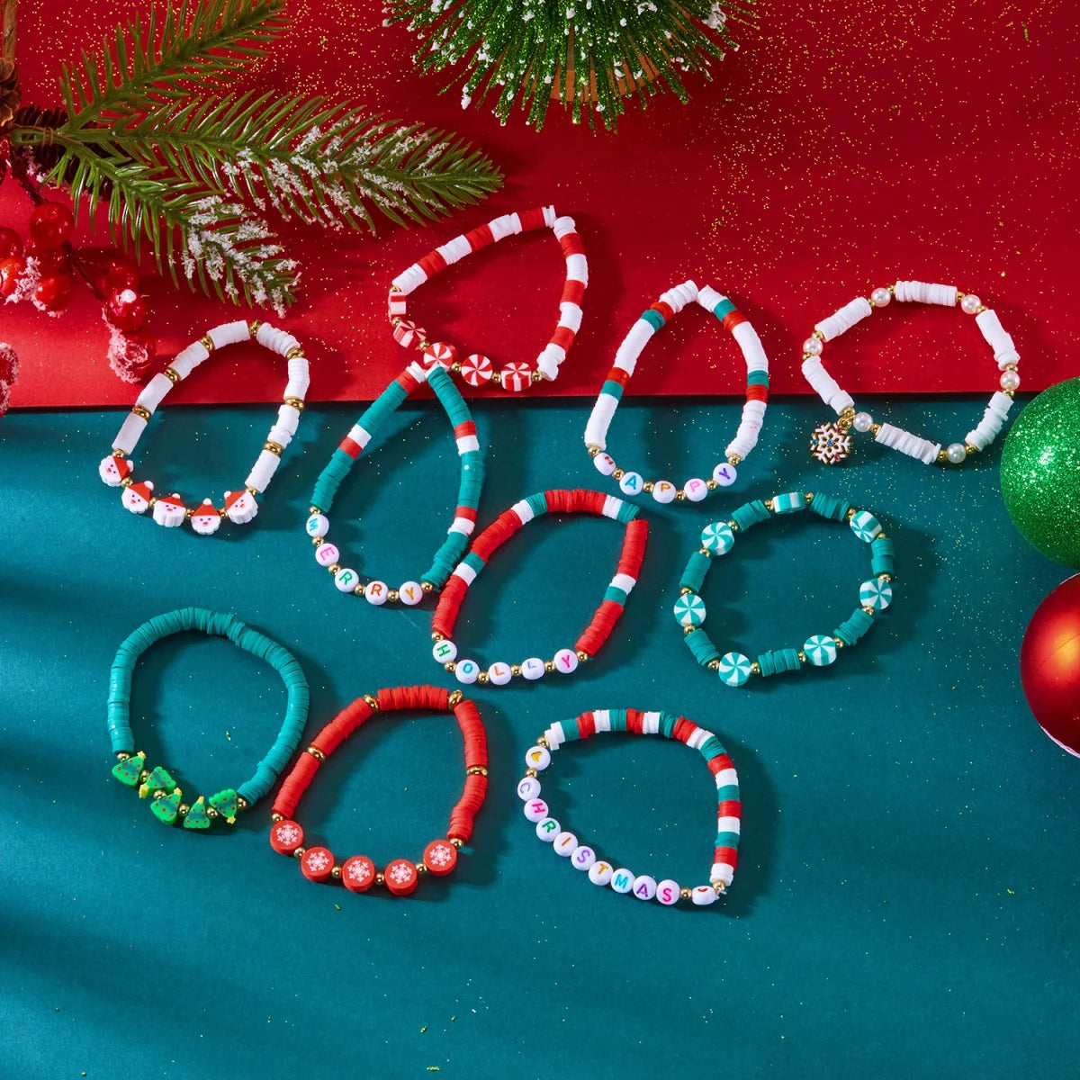 10Pcs/Set Multilayer Christmas Bracelet Snowman Tree Gift Box Snowflake Santa Claus Soft Clay Beads Bangle For Women Men Jewelry