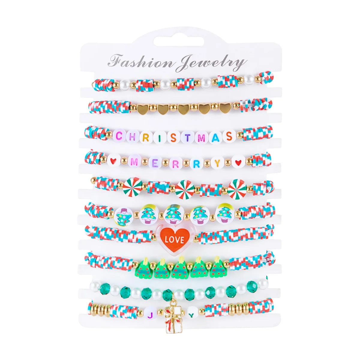 10Pcs/Set Multilayer Christmas Bracelet Snowman Tree Gift Box Snowflake Santa Claus Soft Clay Beads Bangle For Women Men Jewelry