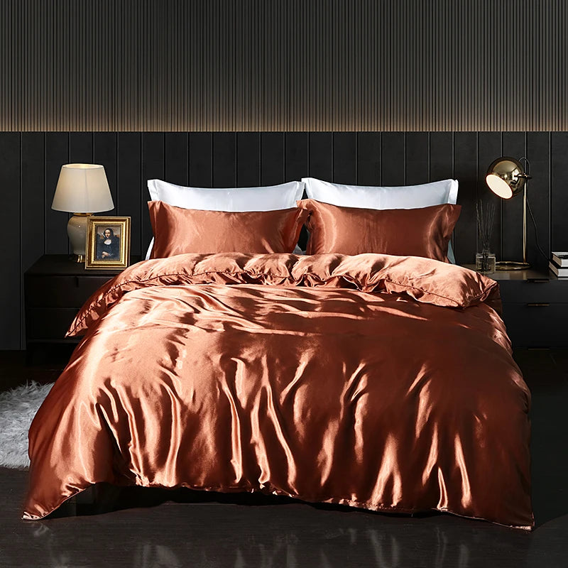 Luxury Satin  Bedding Set With Fitted Sheet Duvet Cover High End Bedding Sets High Density Satin  Solid Color Bedding