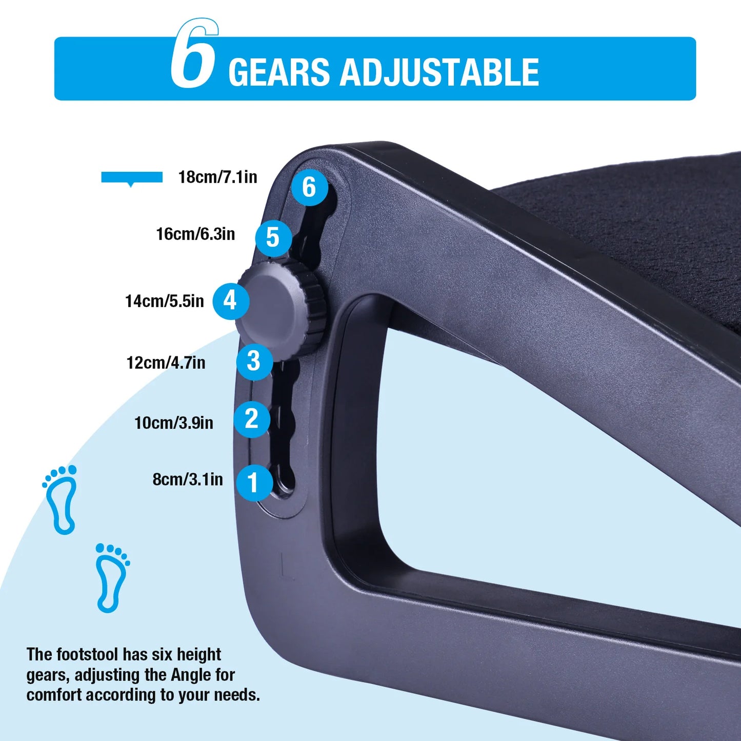 Scalebeard Under Desk Footrest with Massage Surface Ergonomic 6 Height Position Adjustable Foot Stool with Firm Non-Slip Legs