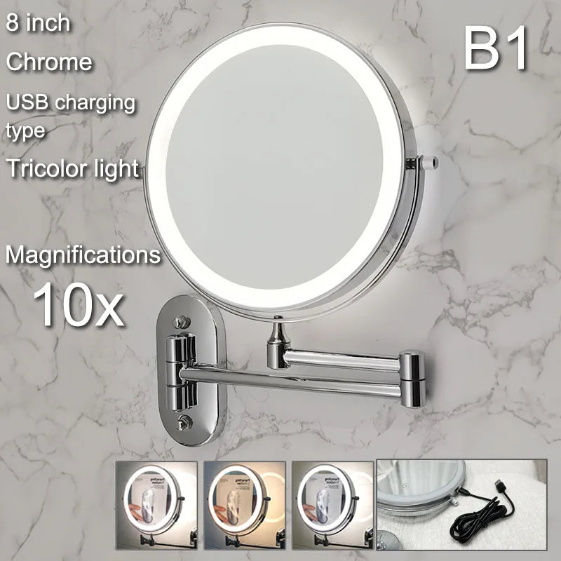 Wall Folding Makeup HD Mirror Double Side Fill Light Magnifying USB Charging Led Tricolor Dimming Bathroom Cosmetic Mirrors