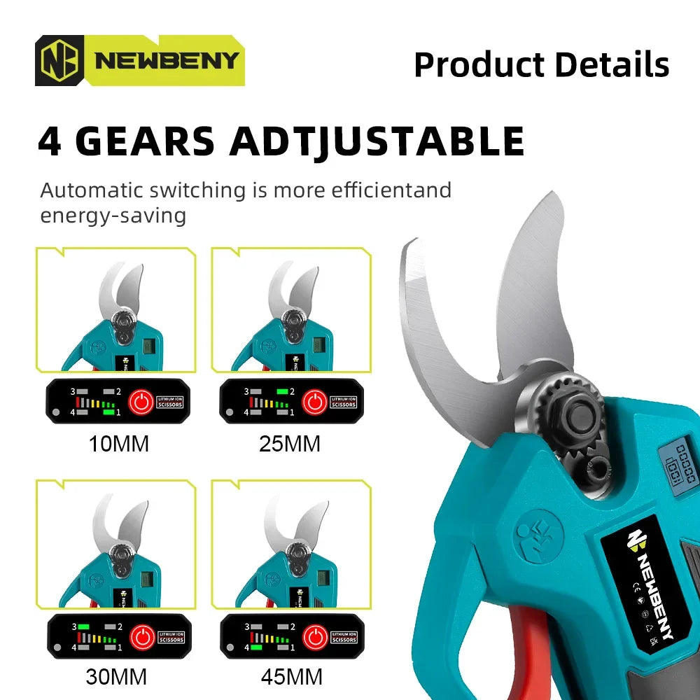 NEWBENY 30mm Brushless Electric Pruning Shears 4 Gear Cordless Garden Fruit Tree Bonsai Beautify Tool For  18V-21V Battery