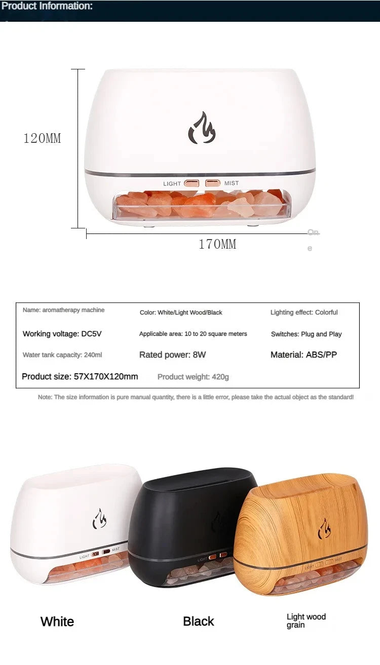 New 3D Flame Fire Aroma Air Humidifier Himalayan Crystal Salt Stone Colorful Night Light Aromatherapy Essential Oil Diffuser