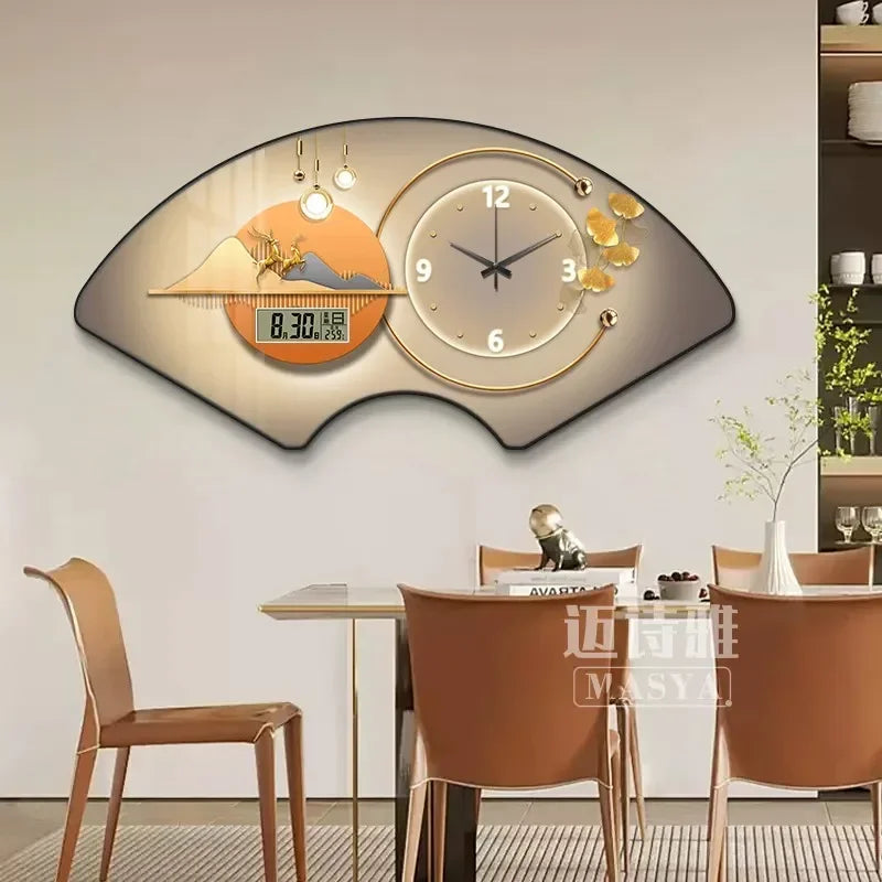 Perpetual calendar electronic clock wall clock Living room fan dining room decorative painting calendar clock hanging picture