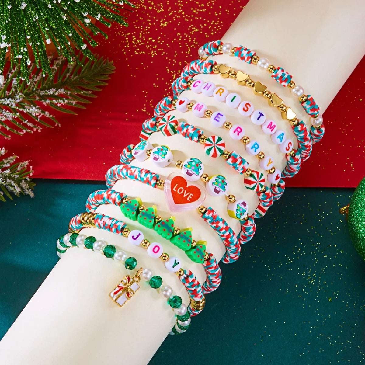10Pcs/Set Multilayer Christmas Bracelet Snowman Tree Gift Box Snowflake Santa Claus Soft Clay Beads Bangle For Women Men Jewelry