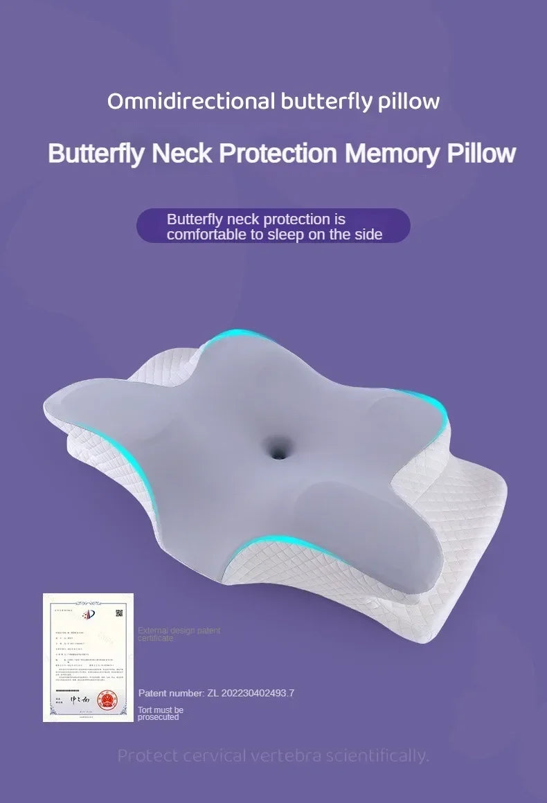 Butterfly-shaped memory foam neck pillow, slow rebound, orthopedic, relieves pain, aids sleep