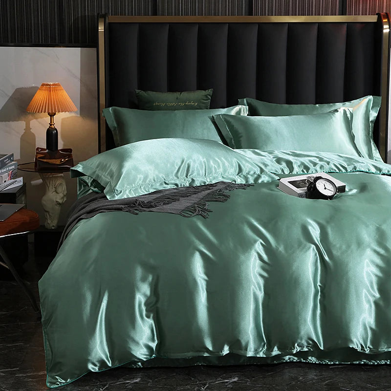 Luxury Satin  Bedding Set With Fitted Sheet Duvet Cover High End Bedding Sets High Density Satin  Solid Color Bedding