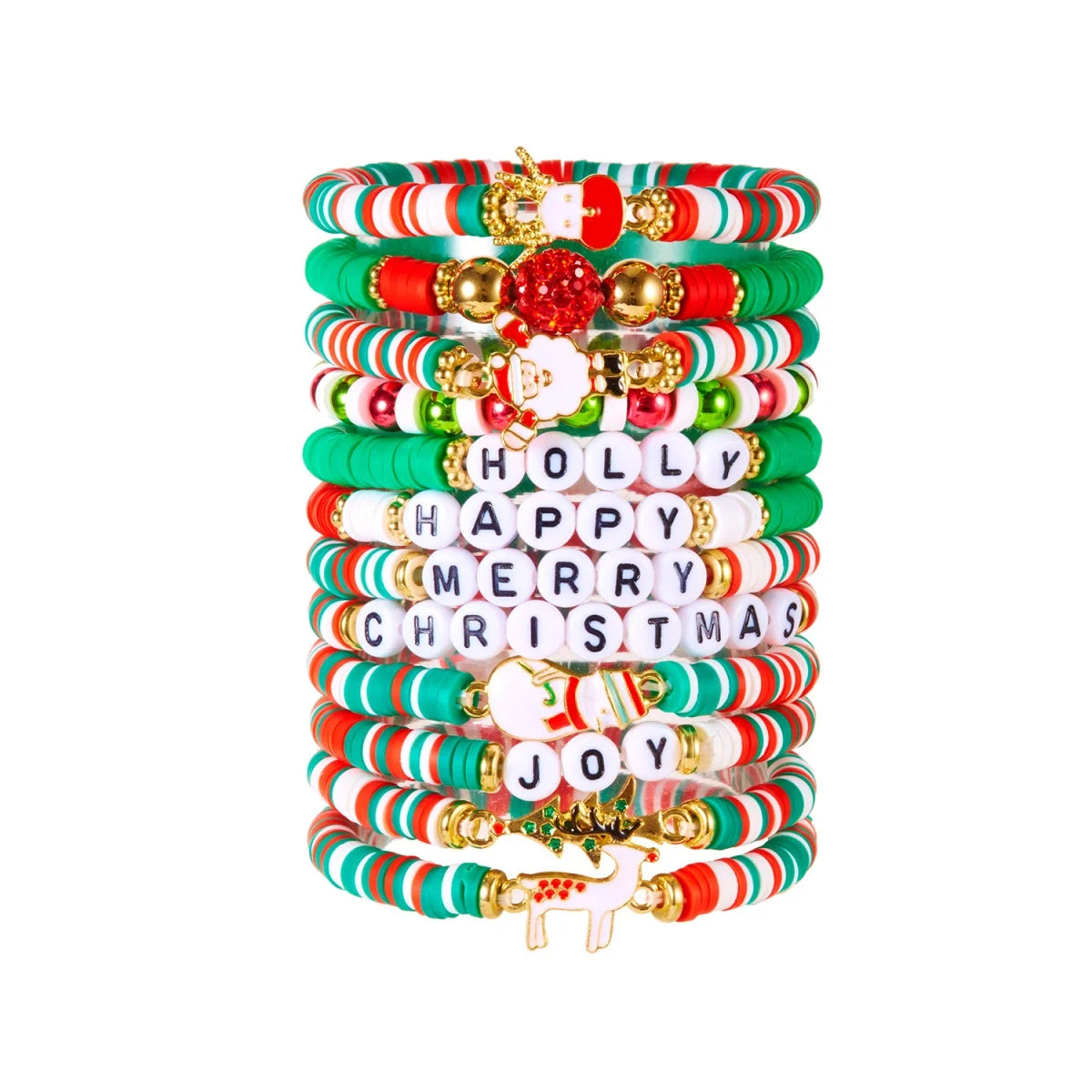 12Pcs/Set Christmas Bracelet Set Santa Claus Wreath Reindeer Xmas Tree Soft Clay Beaded Holiday Party Jewelry Gift For Women Men