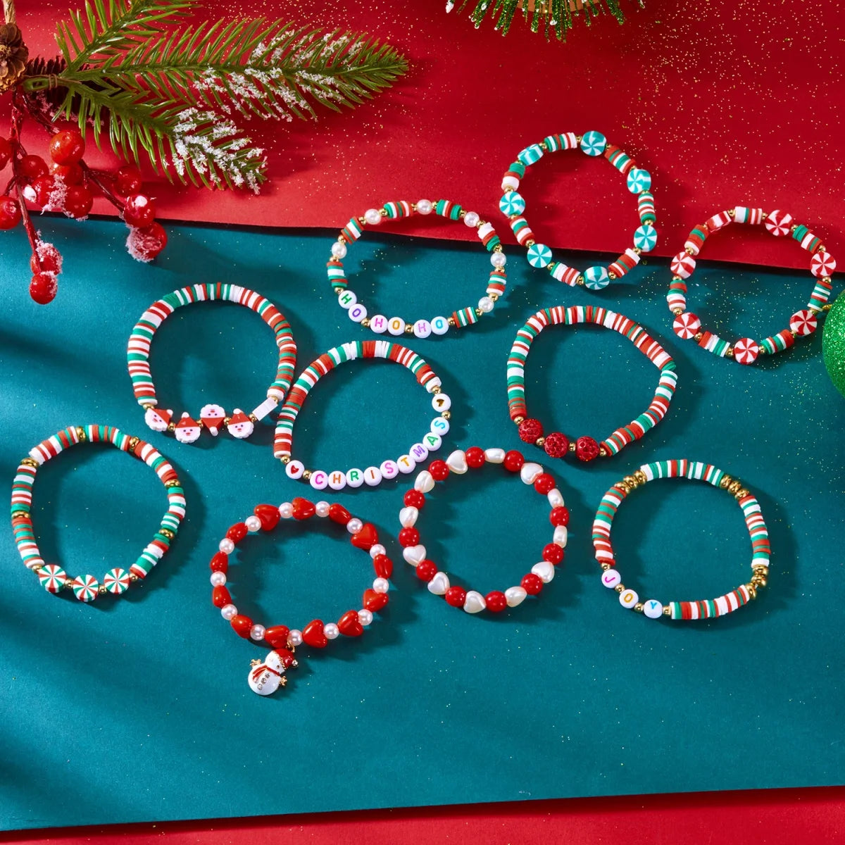 10Pcs/Set Multilayer Christmas Bracelet Snowman Tree Gift Box Snowflake Santa Claus Soft Clay Beads Bangle For Women Men Jewelry