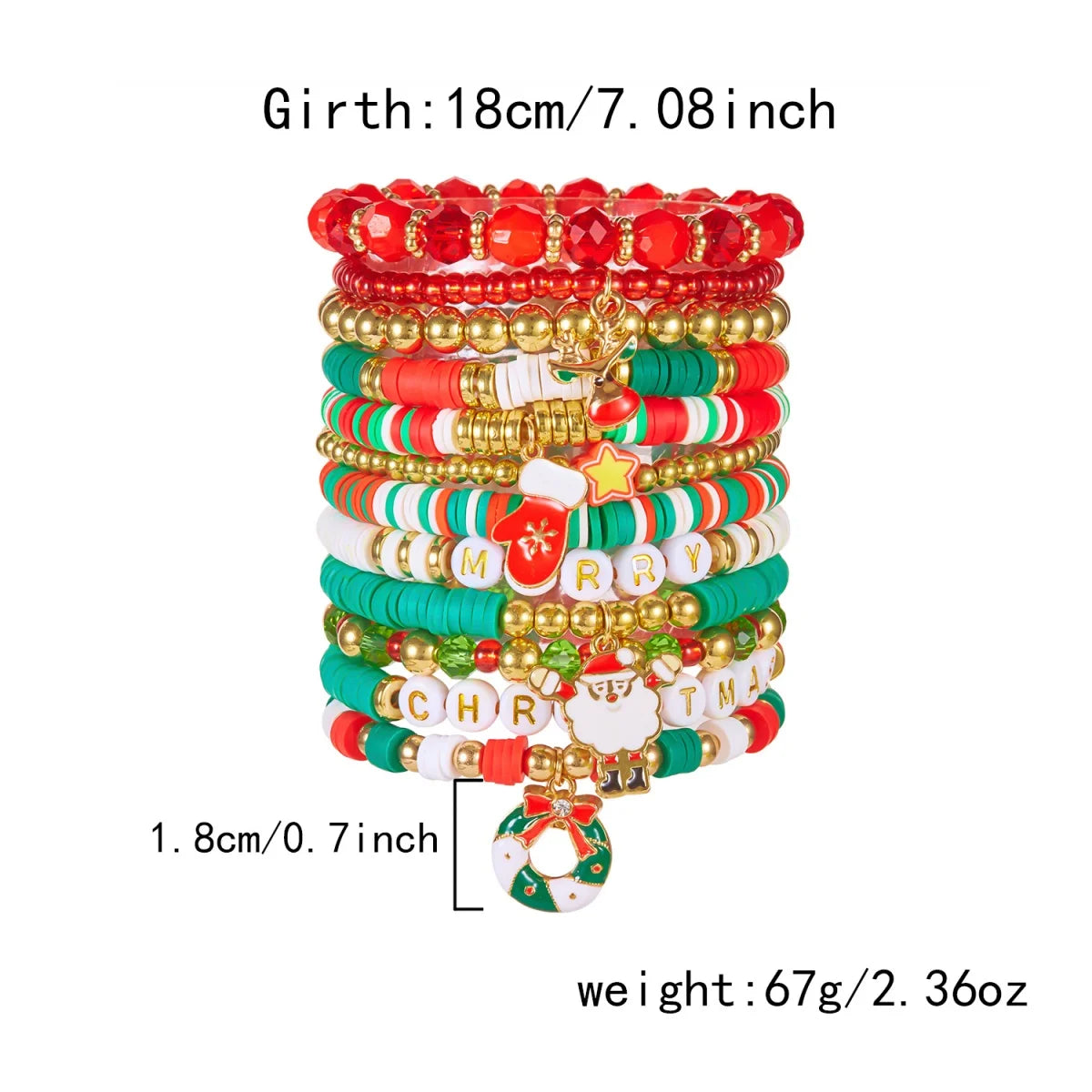 12Pcs/Set Christmas Bracelet Set Santa Claus Wreath Reindeer Xmas Tree Soft Clay Beaded Holiday Party Jewelry Gift For Women Men