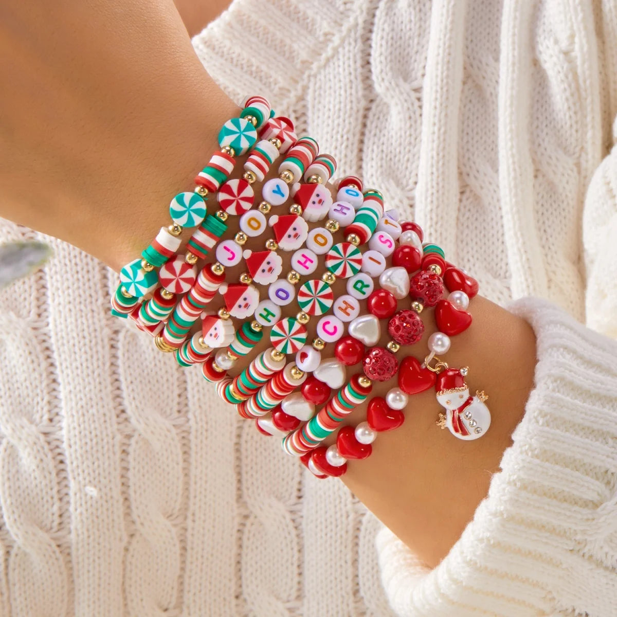 10Pcs/Set Multilayer Christmas Bracelet Snowman Tree Gift Box Snowflake Santa Claus Soft Clay Beads Bangle For Women Men Jewelry