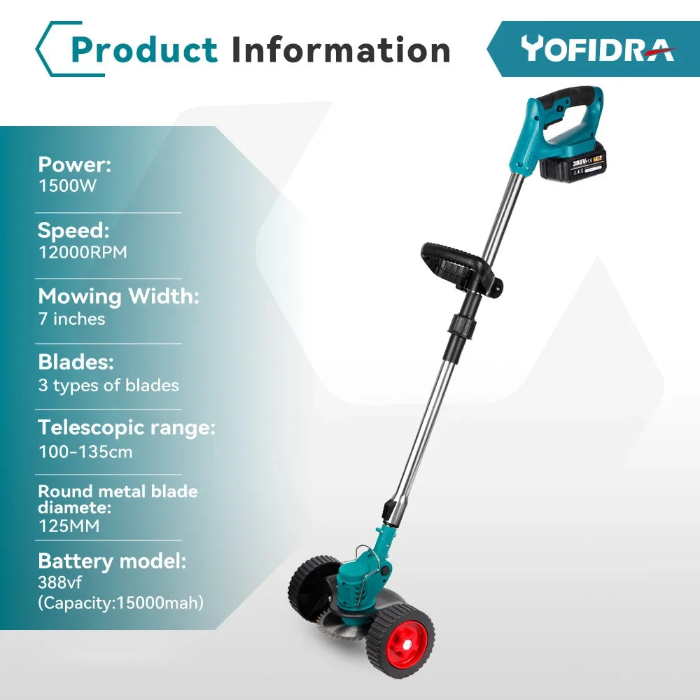 YOFIDRA Electric Lawn Mower Length Adjustable Cutter Cordless Garden Grass Cutting Trimmer Fit For 21V 18V Battery Pins