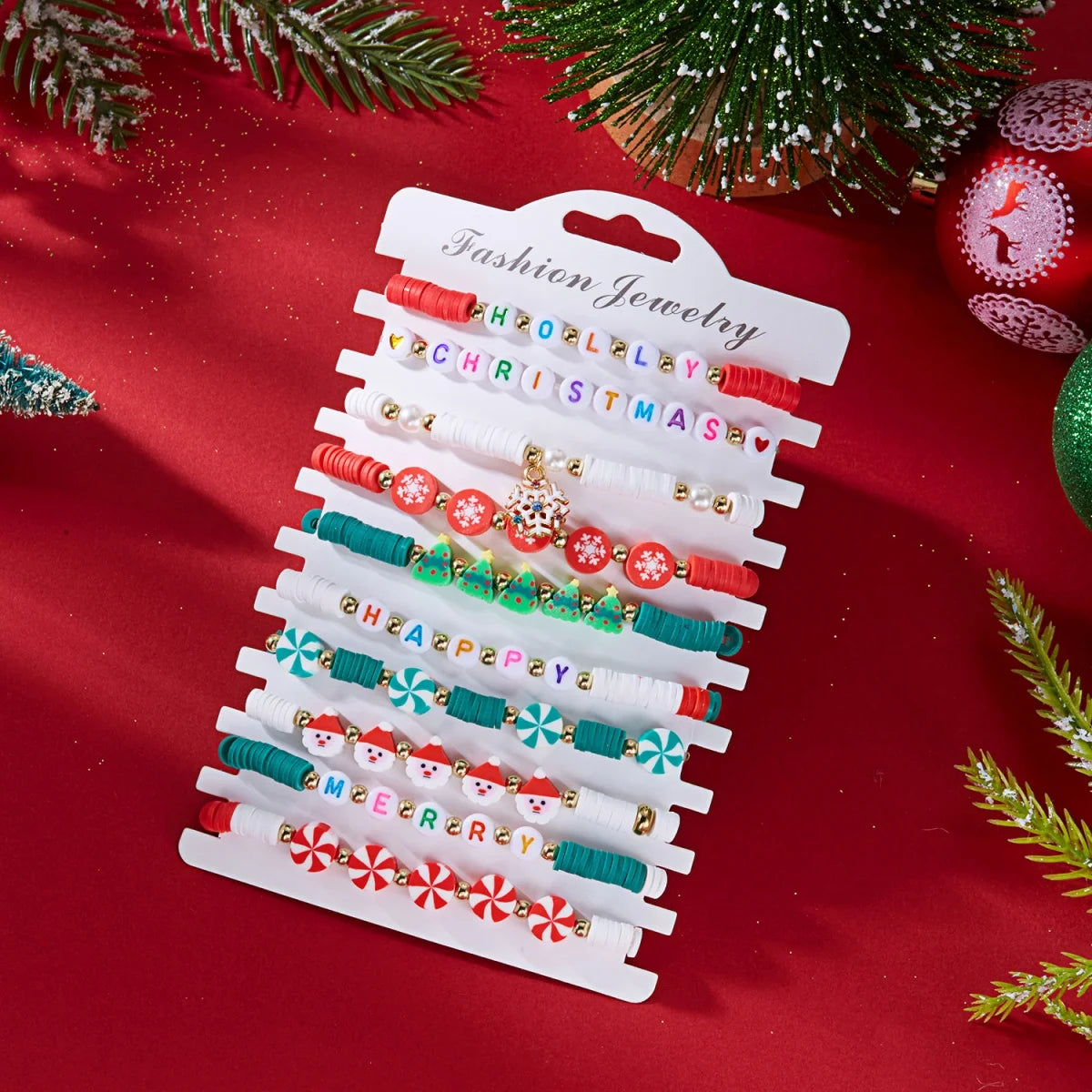 10Pcs/Set Multilayer Christmas Bracelet Snowman Tree Gift Box Snowflake Santa Claus Soft Clay Beads Bangle For Women Men Jewelry