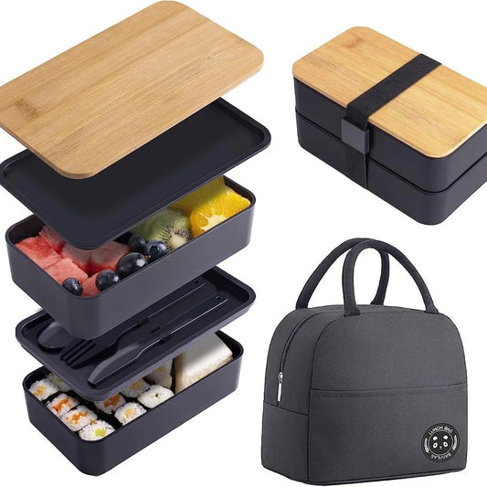 1200ML Divided Lunch Box Picnic Microwave Wooden Cover Japanese Bento Box Portable Double Layer Food Container For Kids