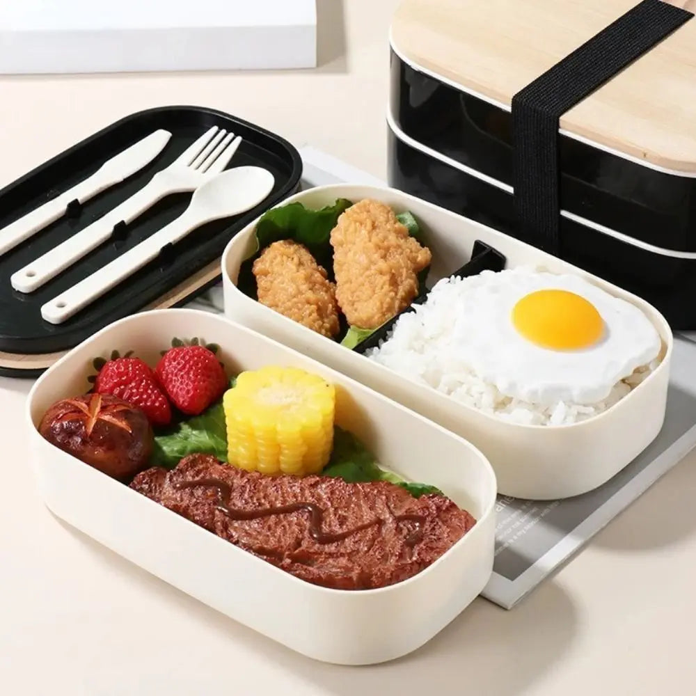 1200ML Divided Lunch Box Picnic Microwave Wooden Cover Japanese Bento Box Portable Double Layer Food Container For Kids