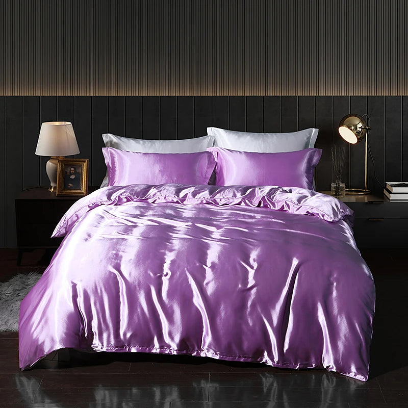 Luxury Satin  Bedding Set With Fitted Sheet Duvet Cover High End Bedding Sets High Density Satin  Solid Color Bedding