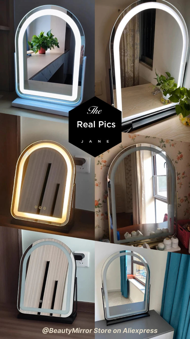 LED Lighted Arched Large Vanity Lighted Makeup Mirror for Bedroom Smart Touch Control 3 Color Lighting Modes Detachable 15x