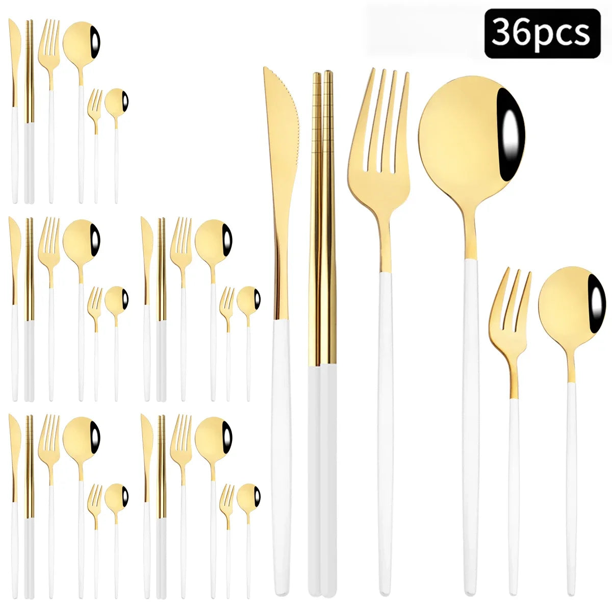 36pcs Black Gold Cutlery Set Knife Fork Spoon Chopsticks Dinnerware Set Stainless Steel Cake Forks Teaspoons Tableware Flatware