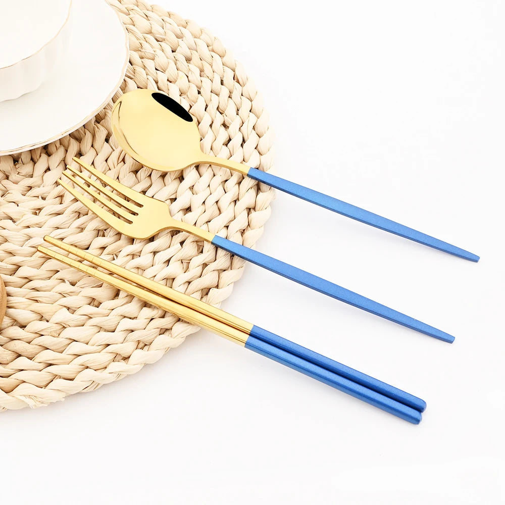 36pcs Black Gold Cutlery Set Knife Fork Spoon Chopsticks Dinnerware Set Stainless Steel Cake Forks Teaspoons Tableware Flatware