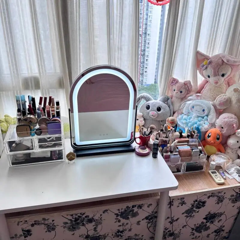 LED Lighted Arched Large Vanity Lighted Makeup Mirror for Bedroom Smart Touch Control 3 Color Lighting Modes Detachable 15x