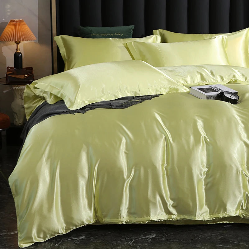 Luxury Satin  Bedding Set With Fitted Sheet Duvet Cover High End Bedding Sets High Density Satin  Solid Color Bedding