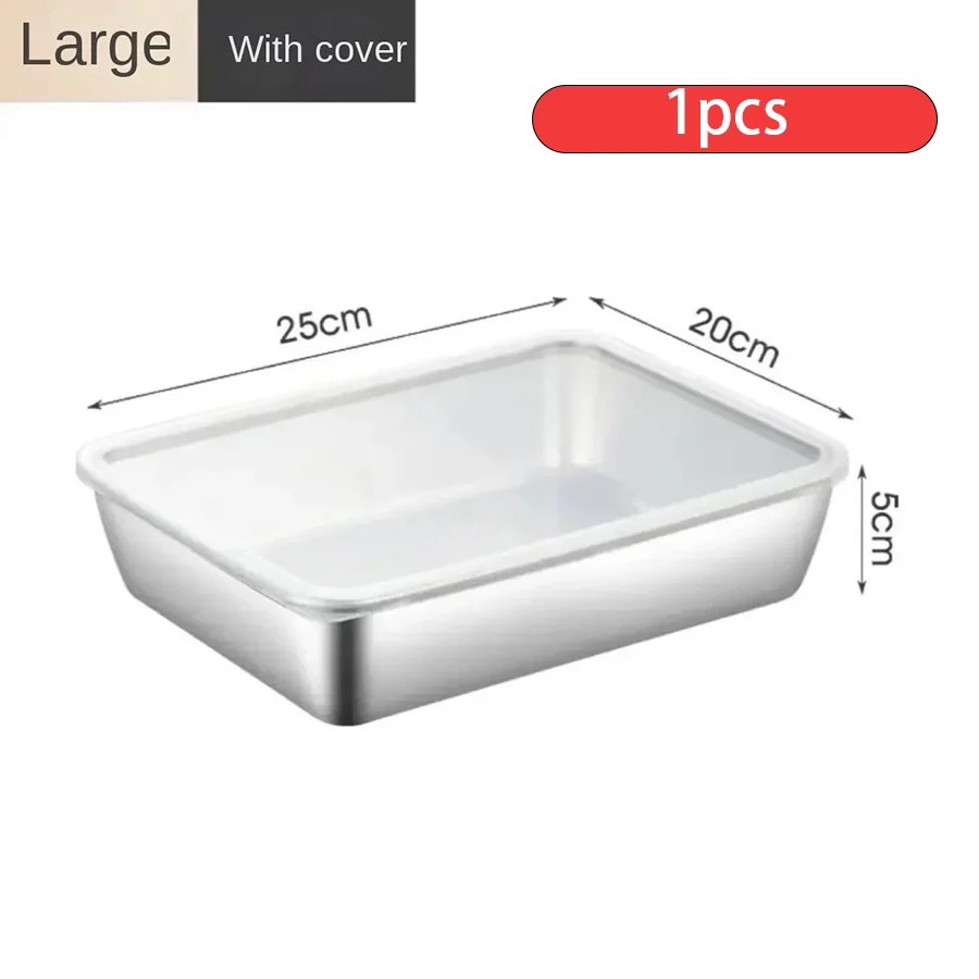 Thickened Square Plate Stainless Steel Rectangular Food Storage Pan With Lid Commercial Dish Tray Freshing Lunch Box Container