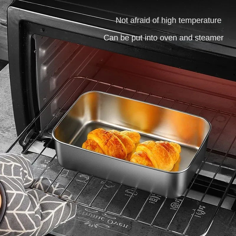 Thickened Square Plate Stainless Steel Rectangular Food Storage Pan With Lid Commercial Dish Tray Freshing Lunch Box Container