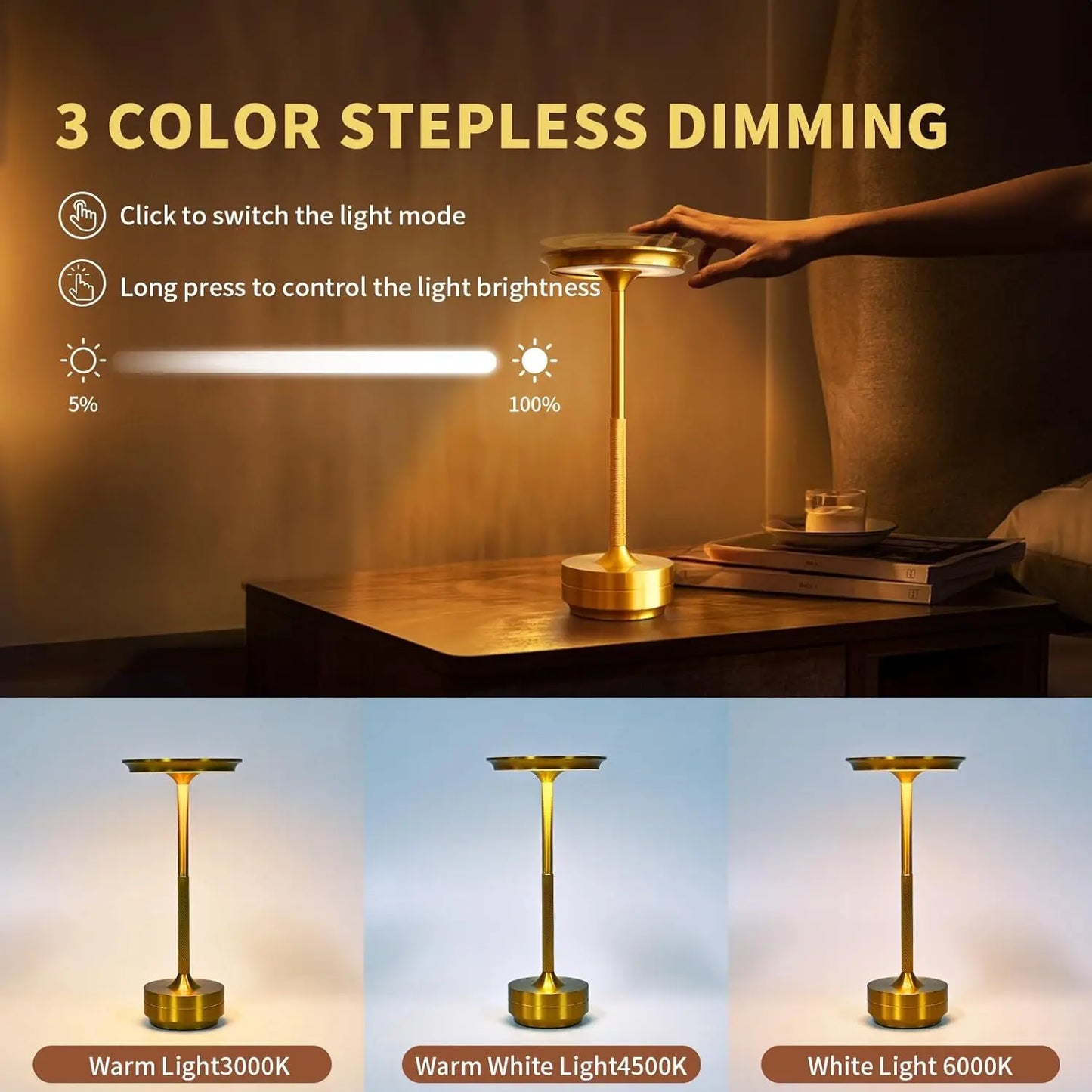 Rechargeable Table Lamp LED Touch Sensor Desktop Night Light Wireless Reading Lamp for Restaurant Hotel Bar Bedroom Decor Light