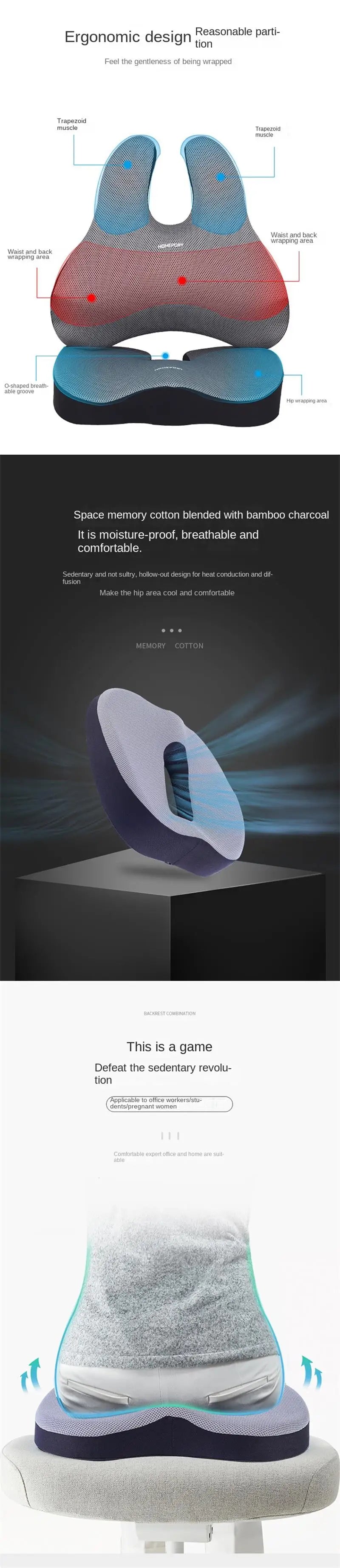 Memory Foam Seat Cushion Orthopedic Pillow Coccyx Office Chair Cushion Support Waist Back Pillow Car Seat Hip Massage Pad Sets