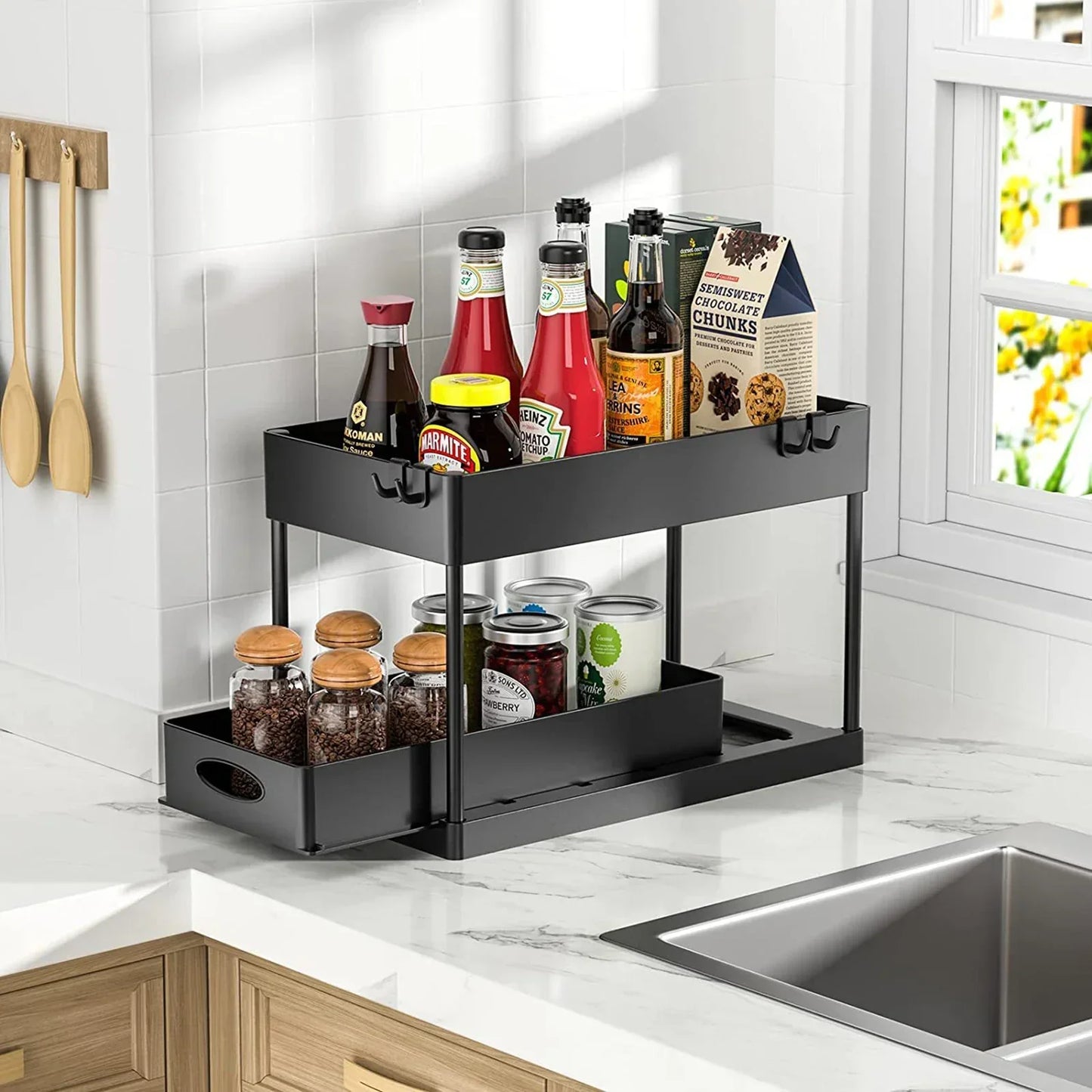 2 Tier Under Sink Organizer Sliding Cabinet Basket Organizer Storage Rack with Hooks Hanging Cup Bathroom Kitchen Organizer