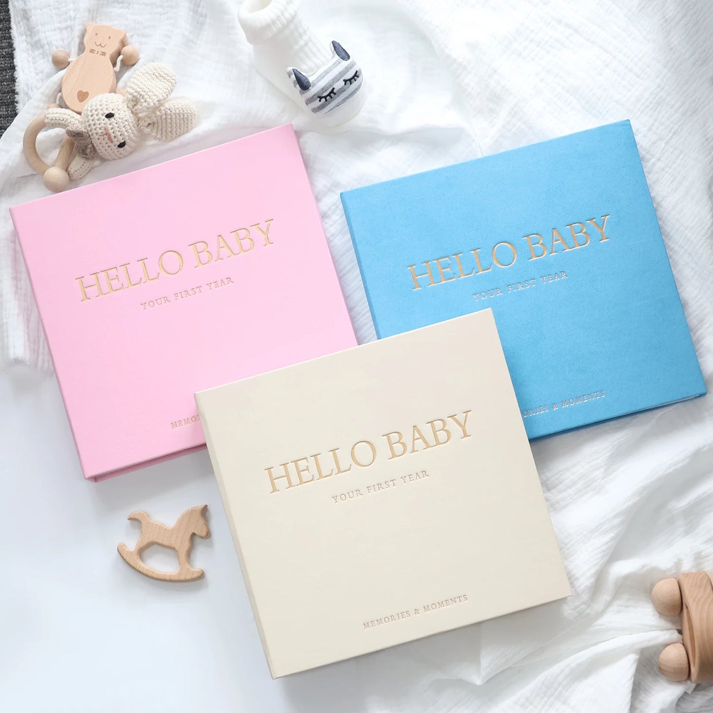 ERATOPIC Linen Fabric Golden Logo Hello Baby Memory Keepsake Book Hidden Spiral Binding Baby Memory Journal For Baby Shower