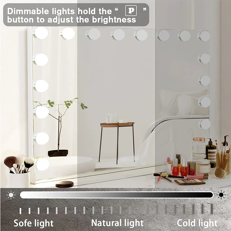 Large Vanity Mirror with Lights Makeup Mirror 17 LED Bulbs 3 Color Lighting Cosmetics for Dressing Bedroom Tabletop White