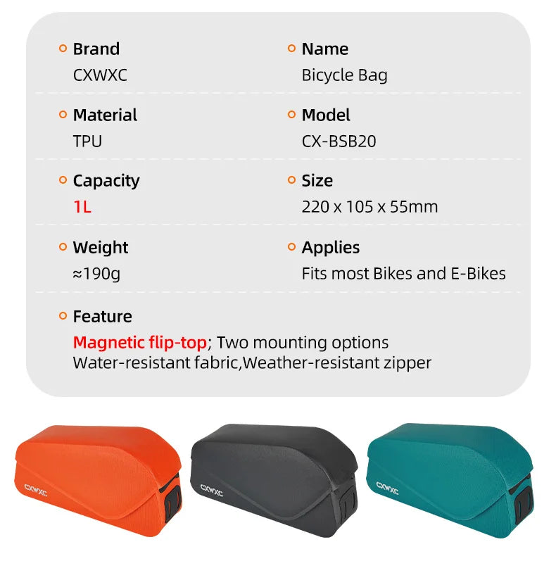CXWXC Bicycle Magnetic Lid Top Tube Bag With Bolts Mounted & Straps Two Way Install MTB Road Bike Waterproof Front Frame Bag