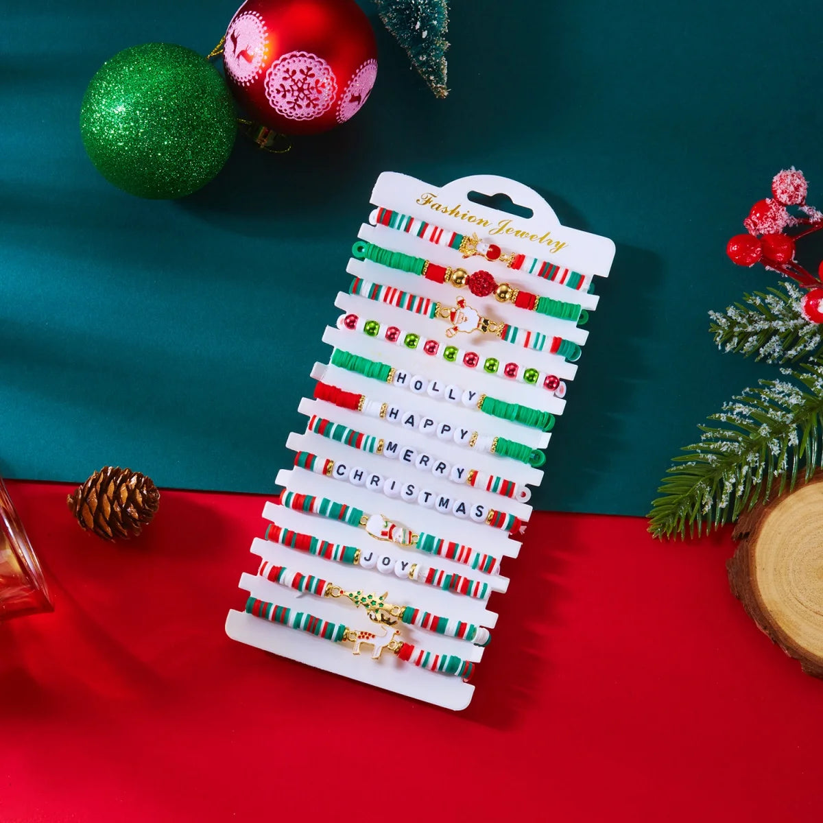 12Pcs/Set Christmas Bracelet Set Santa Claus Wreath Reindeer Xmas Tree Soft Clay Beaded Holiday Party Jewelry Gift For Women Men